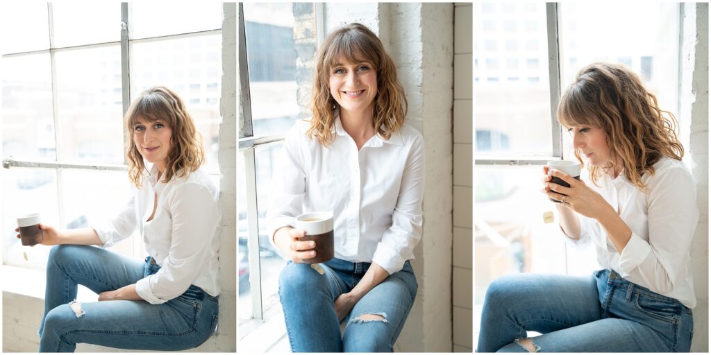 three photos of woman sitting in window sill drinking coffee