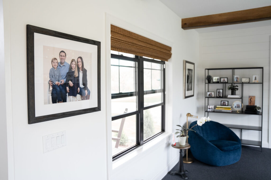 Display and Preserve Your Portraits | Clients Home Featuring MDP Photographs on Wall and Bookshelf