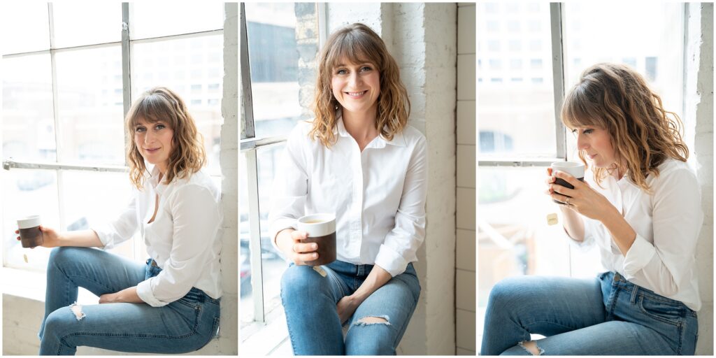 three photos of woman sitting in window sill drinking coffee
