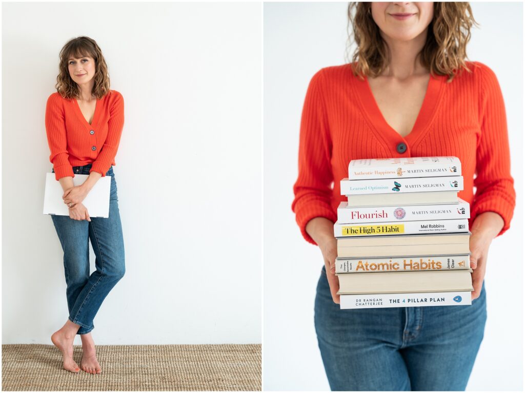 Two photos of a woman holding a stack of books and a laptop.