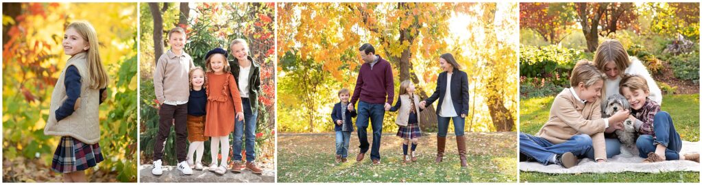 Chain of 4 photos, Family is outside in the fall foliage, family is dressed in plaids and sweaters. Standing, walking and sitting photos