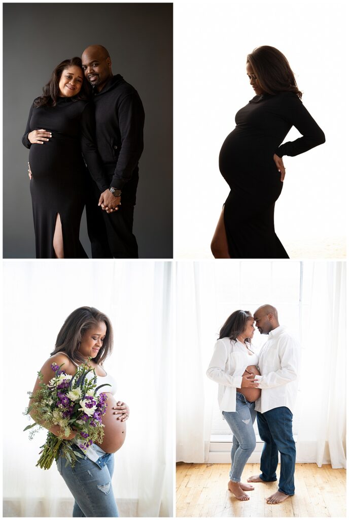 Staged maternity photos with flowers and husband