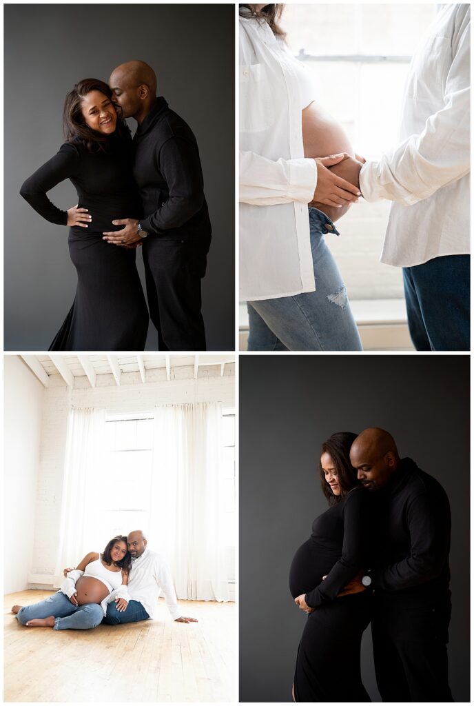 Staged maternity photos with flowers and husband